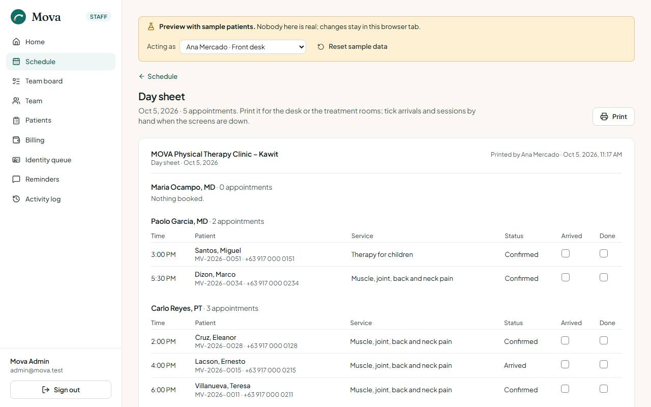 The printable day sheet