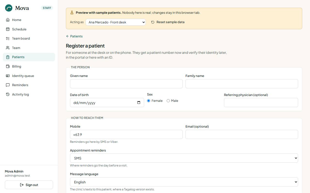 Registering a patient